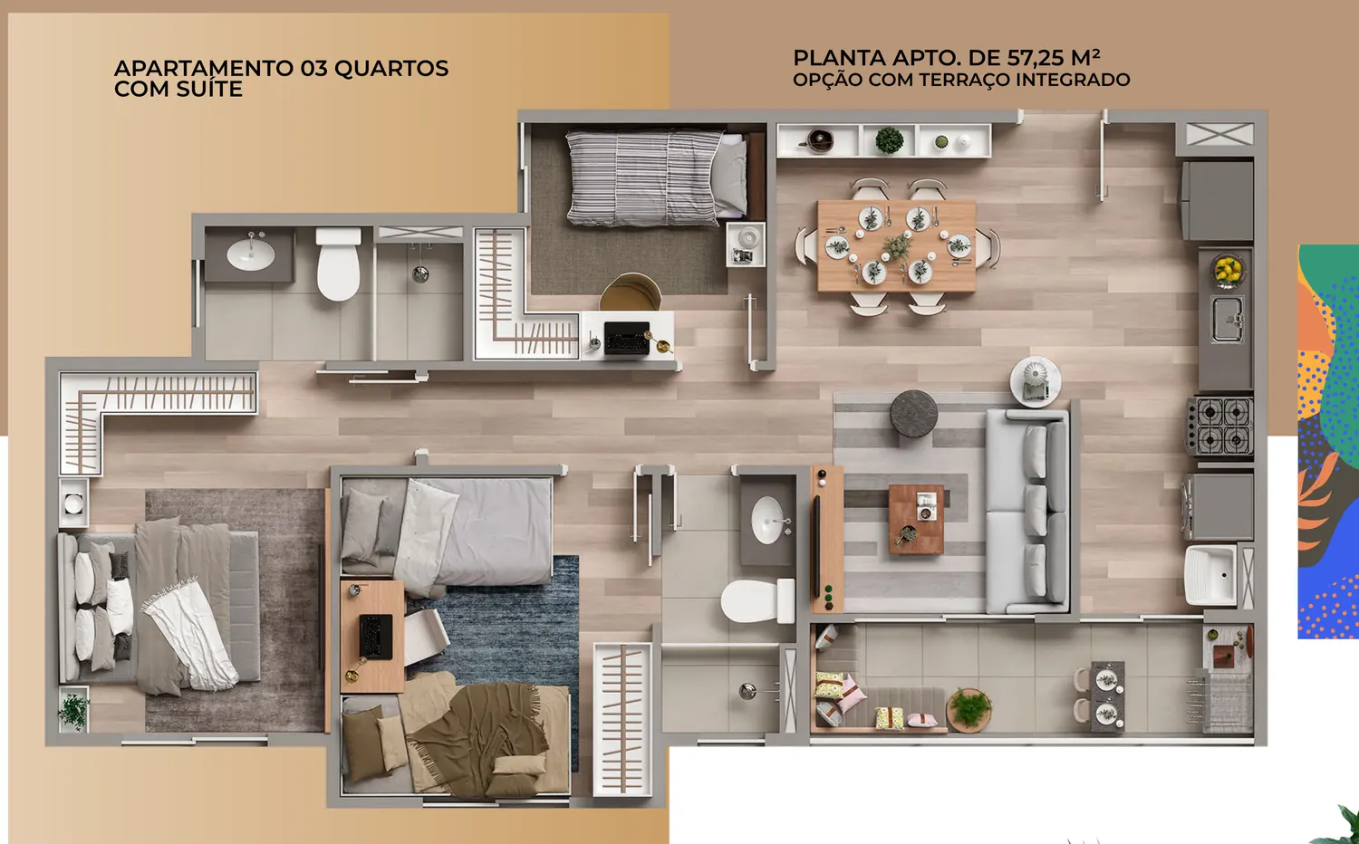 Planta do apartamento de 3 quartos com suíte, 57,25 m²